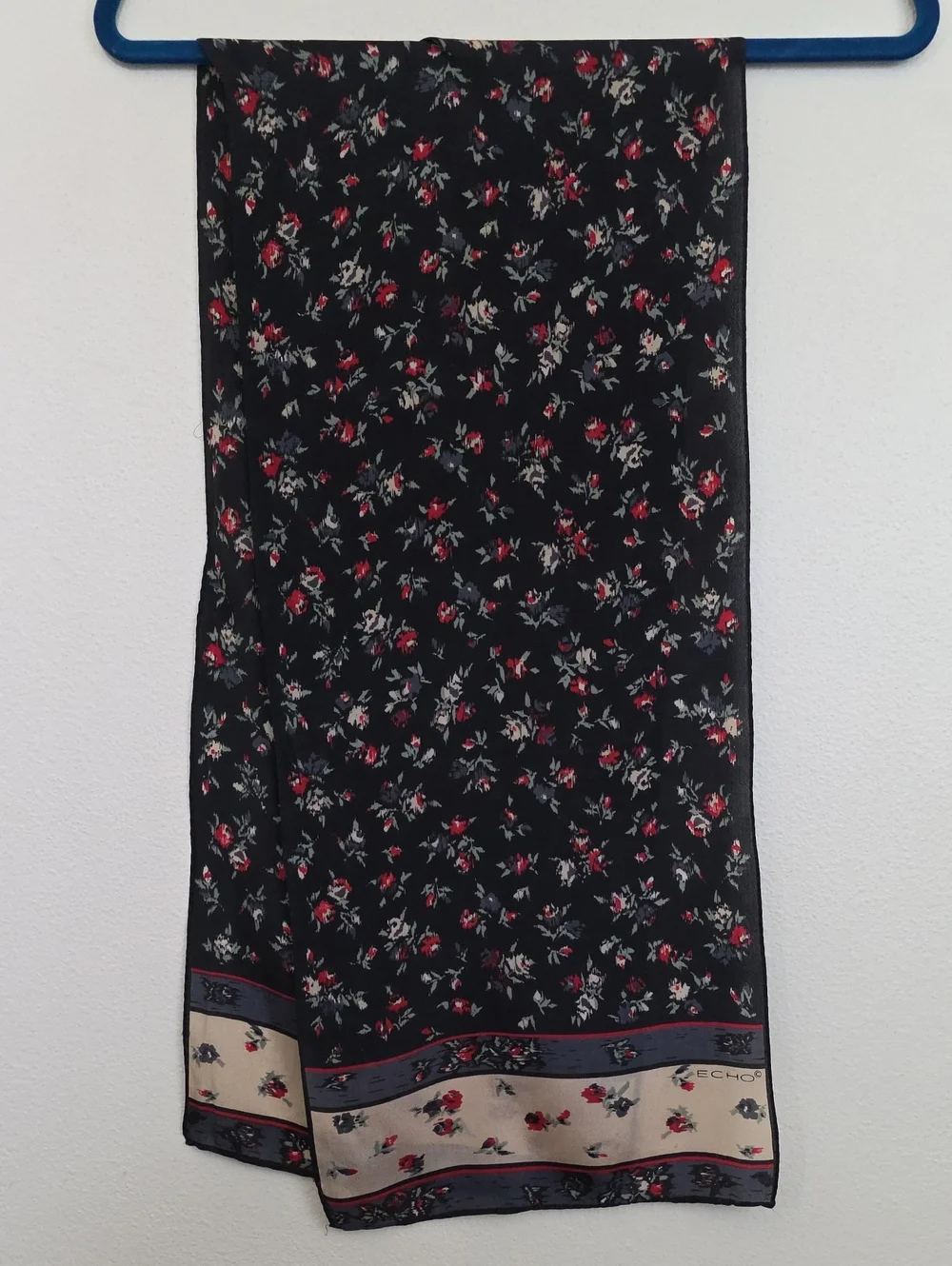 Echo Silk Floral Black, Red, Green, Gray Rectangular Scarf  52 X 11